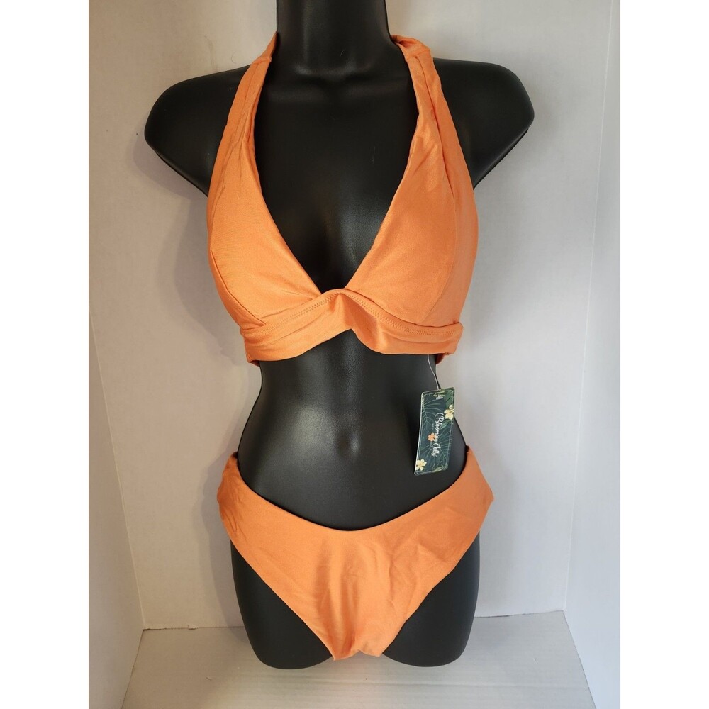 Blooming Jelly 2 Piece Size Mediu High Cut Bikini Halter Top Swimsuit Orange NWT